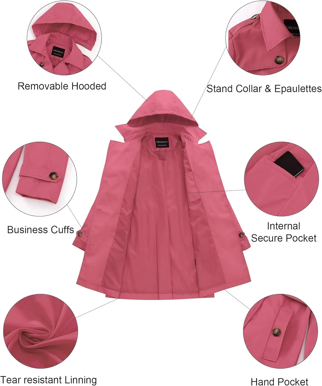 CREATMO US Women's Trench Coat Double-Breasted Classic Lapel Overcoat Belted Slim Outerwear Coat with Detachable Hood
