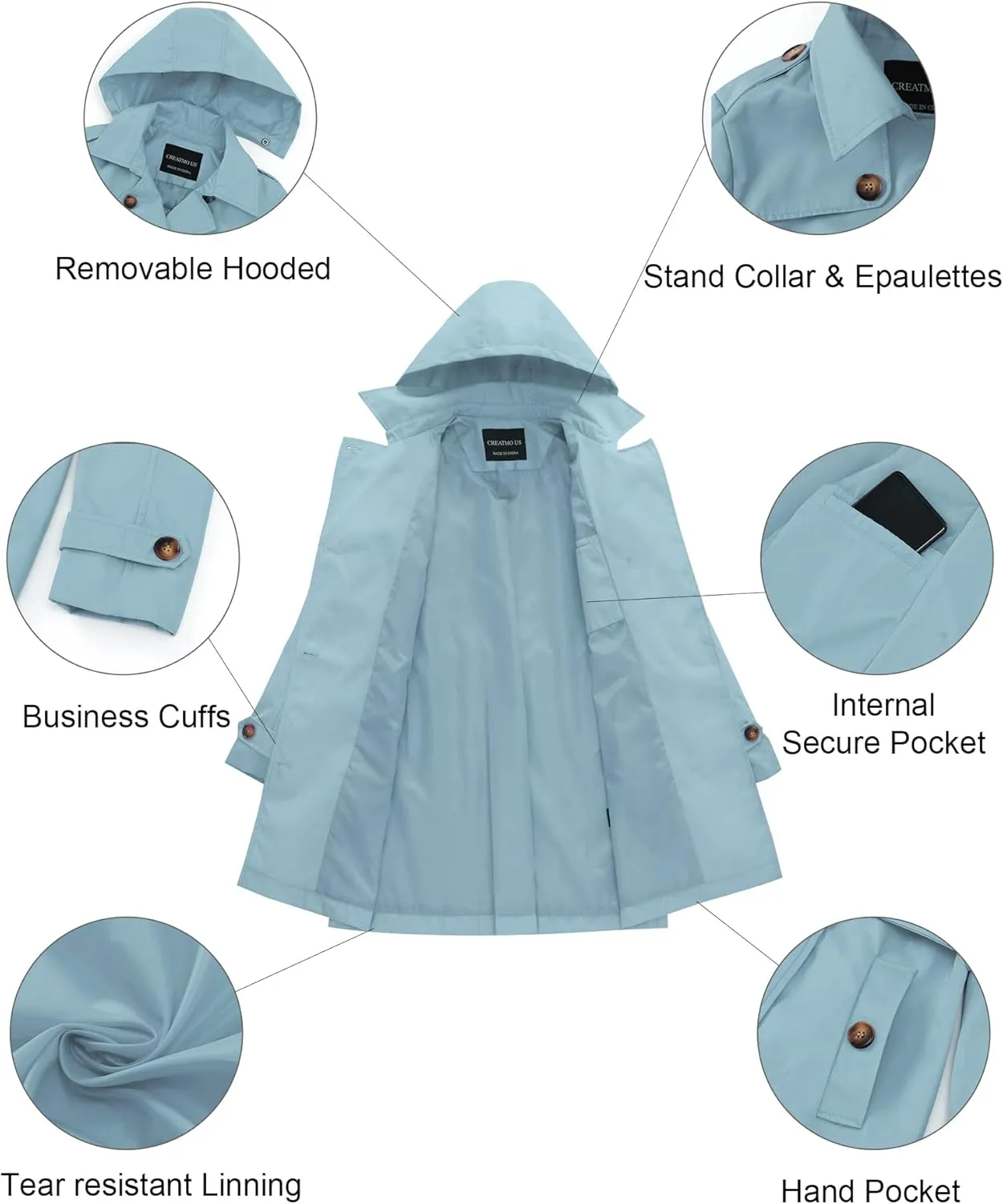 CREATMO US Women's Trench Coat Double-Breasted Classic Lapel Overcoat Belted Slim Outerwear Coat with Detachable Hood