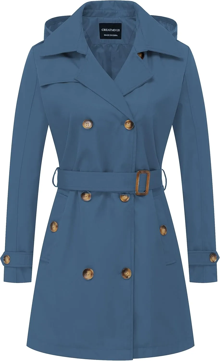 CREATMO US Women's Trench Coat Double-Breasted Classic Lapel Overcoat Belted Slim Outerwear Coat with Detachable Hood