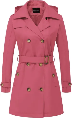 CREATMO US Women's Trench Coat Double-Breasted Classic Lapel Overcoat Belted Slim Outerwear Coat with Detachable Hood