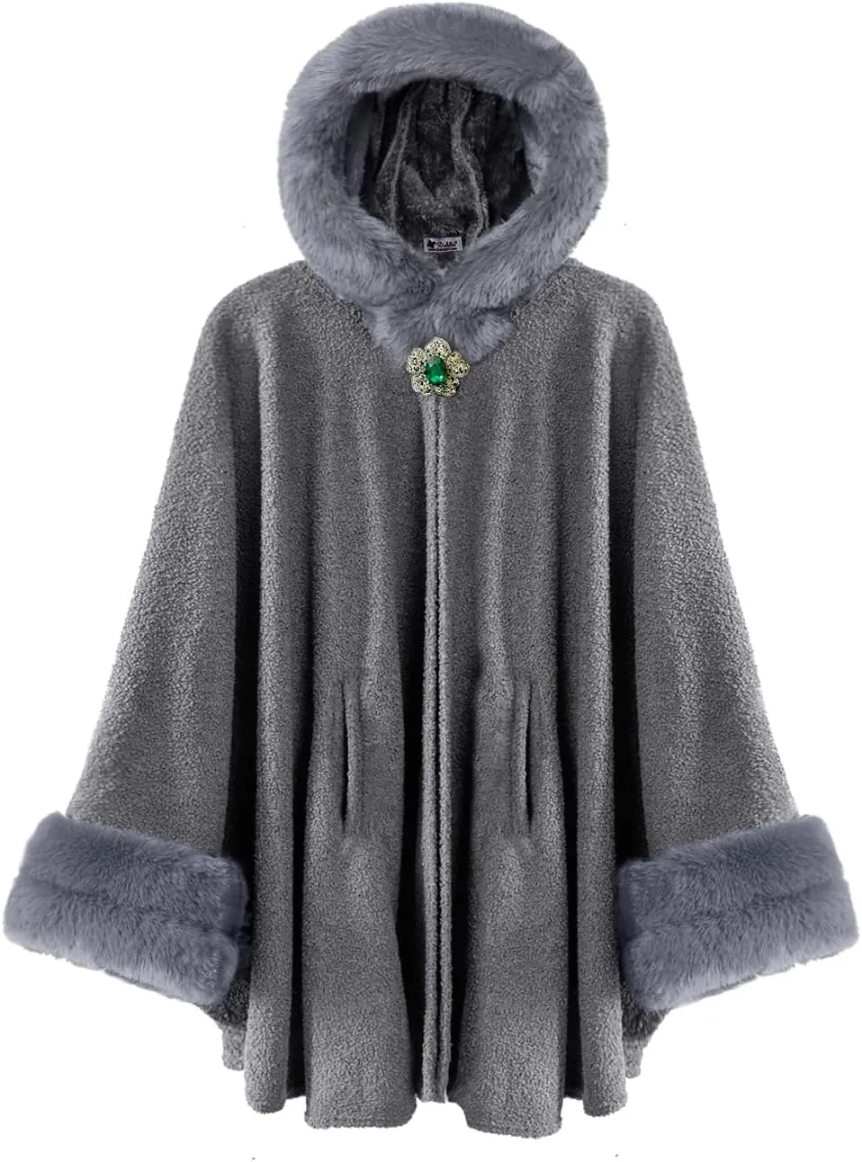 Dahlia Women's Winter Poncho Cape with Faux Fur Trim & Fleece Lined
