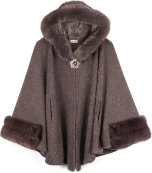 Dahlia Women's Winter Poncho Cape with Faux Fur Trim & Fleece Lined