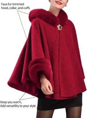 Dahlia Women's Winter Poncho Cape with Faux Fur Trim & Fleece Lined