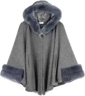 Dahlia Women's Winter Poncho Cape with Faux Fur Trim & Fleece Lined