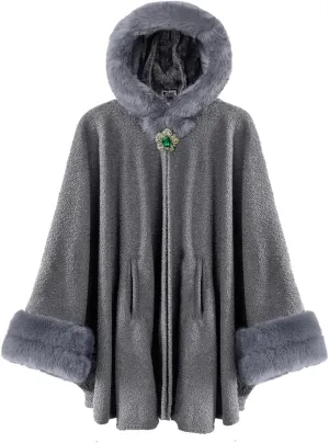 Dahlia Women's Winter Poncho Cape with Faux Fur Trim & Fleece Lined