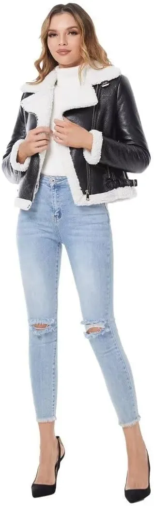 DIASHINY Women's Faux Shearing Fur Winter Coat Warm Thick Fur Lined Faux Leather Jacket