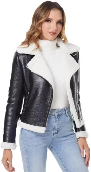 DIASHINY Women's Faux Shearing Fur Winter Coat Warm Thick Fur Lined Faux Leather Jacket