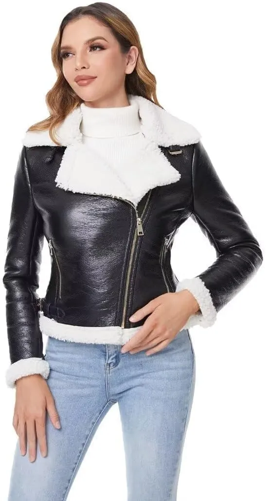 DIASHINY Women's Faux Shearing Fur Winter Coat Warm Thick Fur Lined Faux Leather Jacket