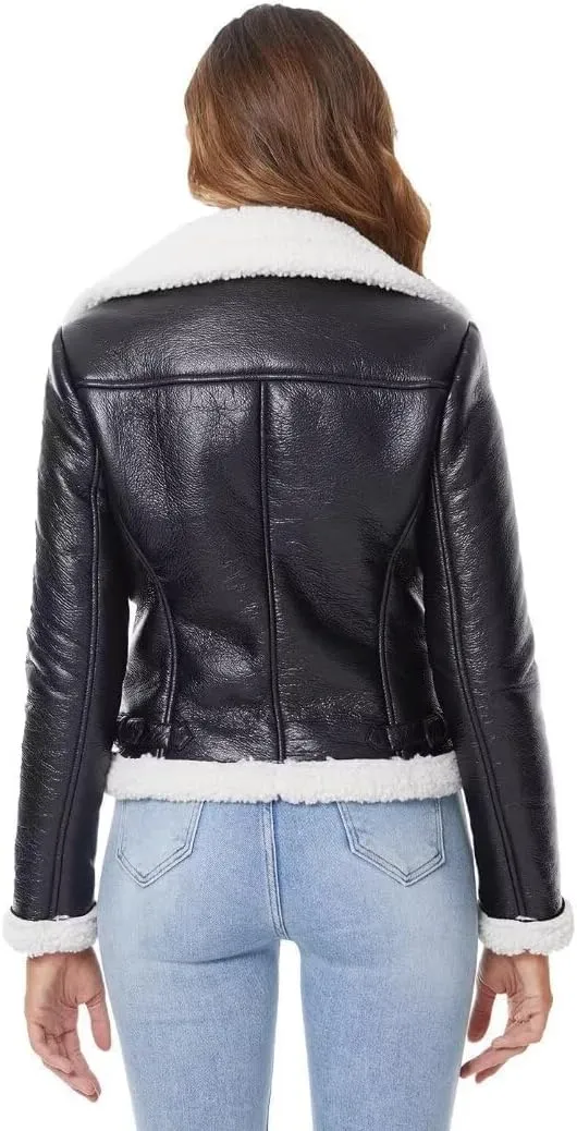 DIASHINY Women's Faux Shearing Fur Winter Coat Warm Thick Fur Lined Faux Leather Jacket
