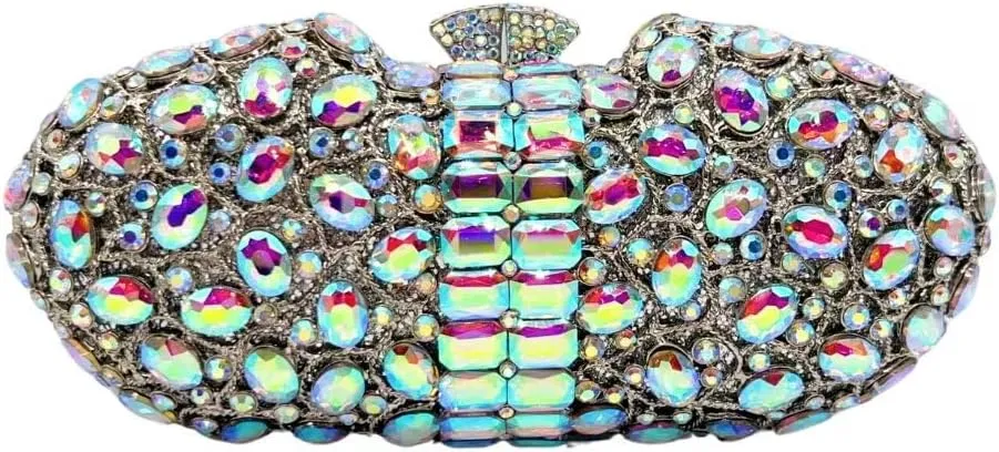 DJBM Womens Shiny Diamond Clutch Bag Sumptuous Oval Handheld Purse with Chain for Banquet Wedding Bridal