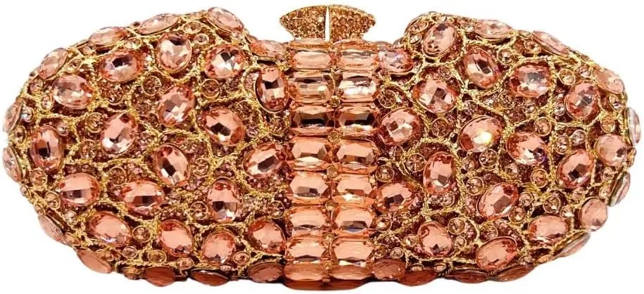 DJBM Womens Shiny Diamond Clutch Bag Sumptuous Oval Handheld Purse with Chain for Banquet Wedding Bridal