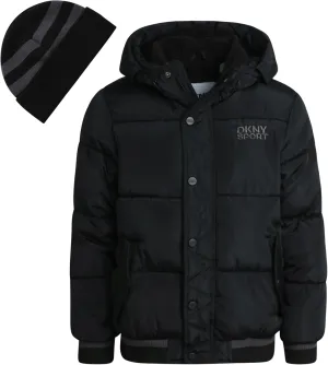 DKNY Boys' Winter Jacket - Midweight Polar Fleece Lined Quilted Insulated Parka Puffer Down Coat with Beanie Hat (Sizes:8-20)