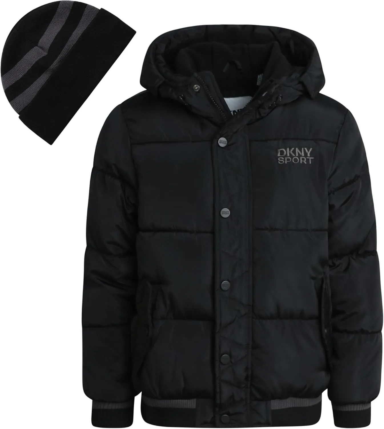 DKNY Boys' Winter Jacket - Midweight Polar Fleece Lined Quilted Insulated Parka Puffer Down Coat with Beanie Hat (Sizes:8-20)