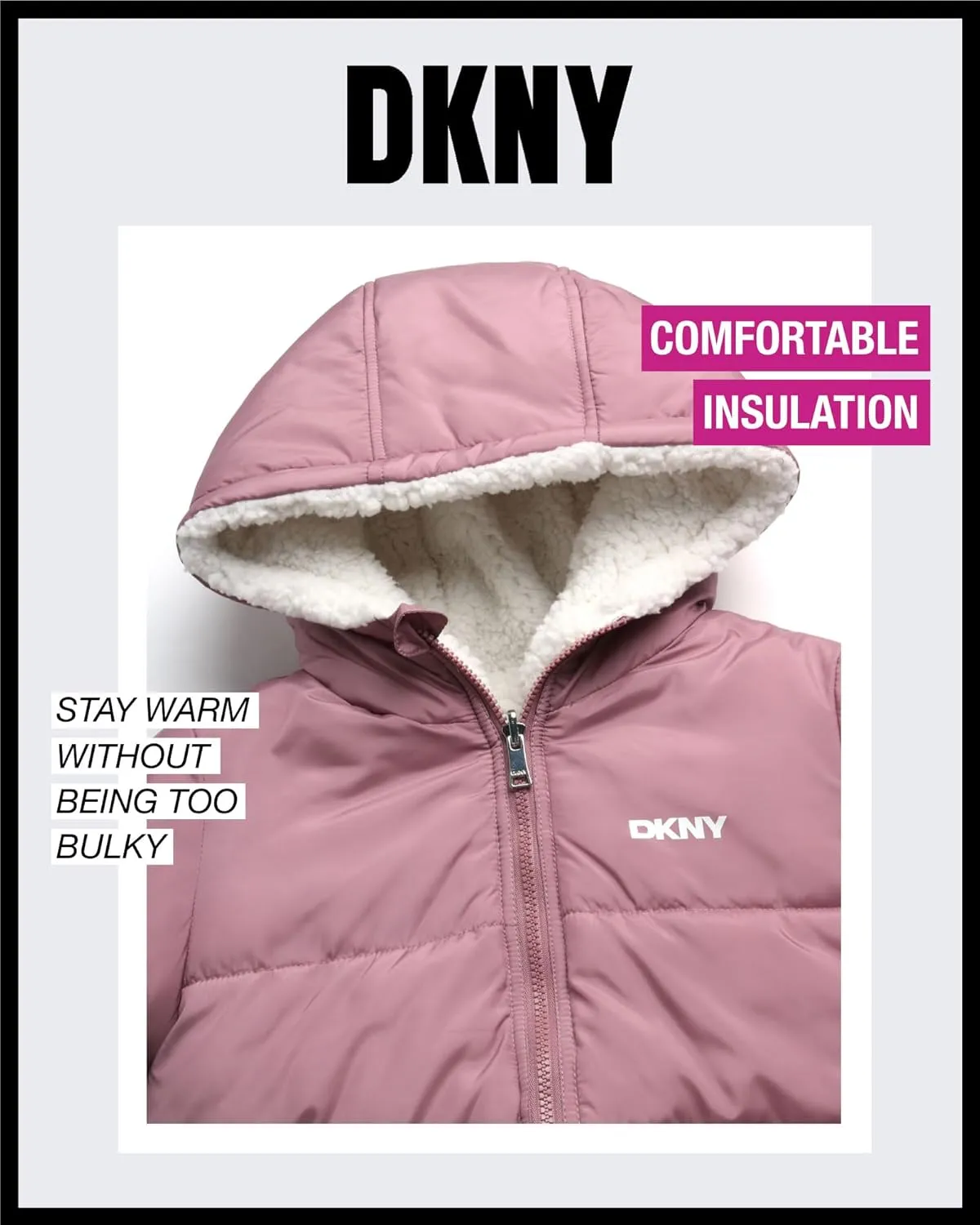 DKNY Girls' Reversible Puffer Jacket - Quilted Bubble to Sherpa Hooded Winter Coat - Warm Outerwear Jackets for Girls (7-16)