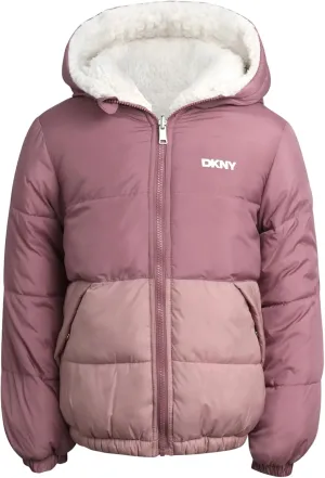DKNY Girls' Reversible Puffer Jacket - Quilted Bubble to Sherpa Hooded Winter Coat - Warm Outerwear Jackets for Girls (7-16)