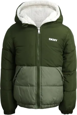 DKNY Girls' Reversible Puffer Jacket - Quilted Bubble to Sherpa Hooded Winter Coat - Warm Outerwear Jackets for Girls (7-16)