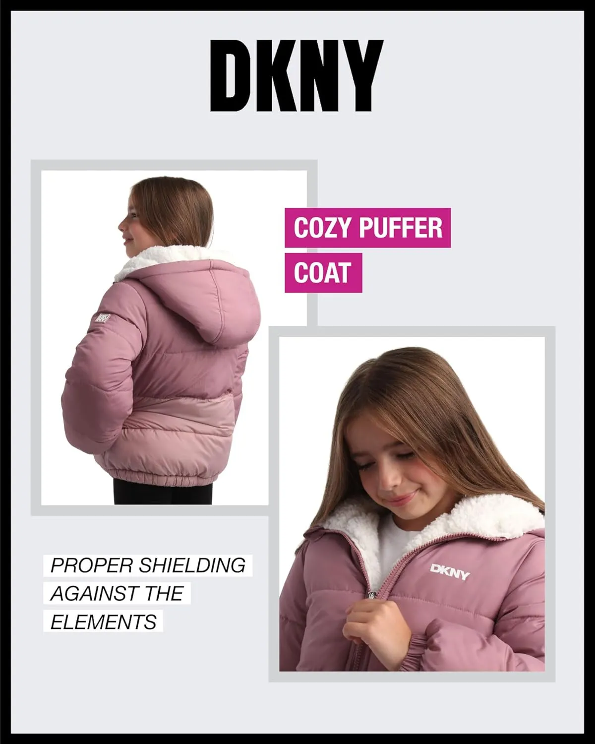 DKNY Girls' Reversible Puffer Jacket - Quilted Bubble to Sherpa Hooded Winter Coat - Warm Outerwear Jackets for Girls (7-16)