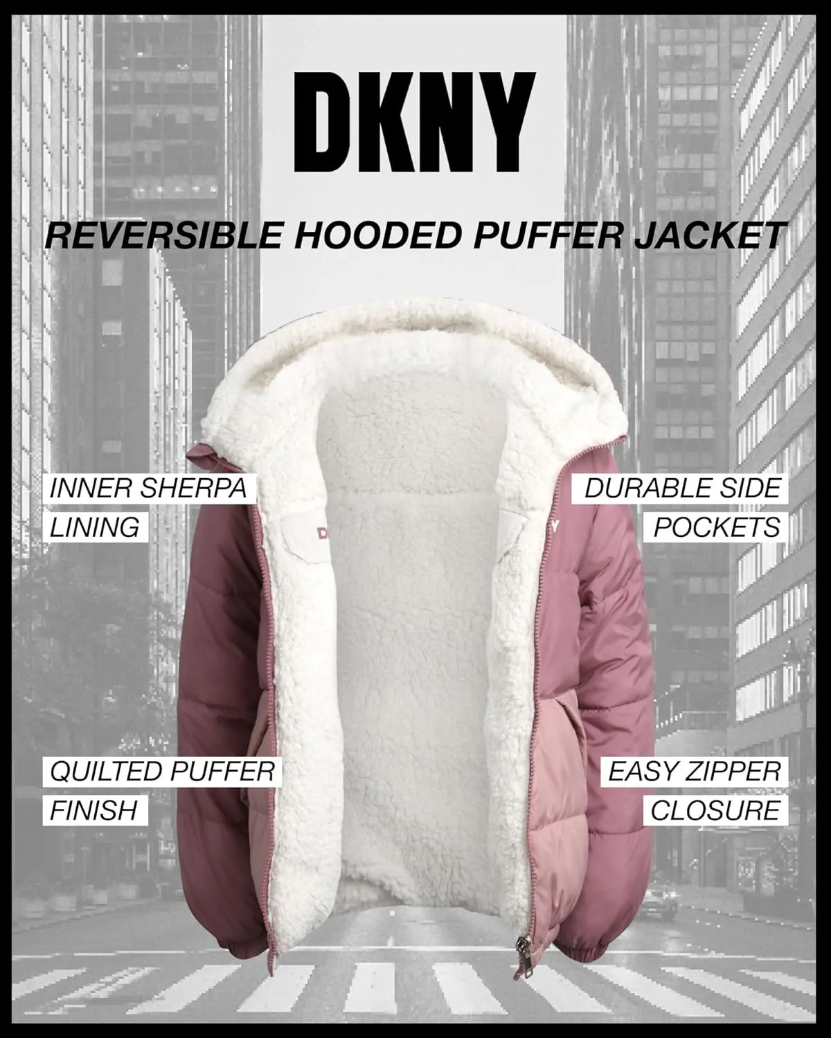 DKNY Girls' Reversible Puffer Jacket - Quilted Bubble to Sherpa Hooded Winter Coat - Warm Outerwear Jackets for Girls (7-16)