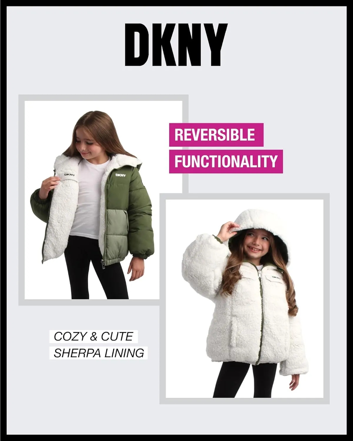 DKNY Girls' Reversible Puffer Jacket - Quilted Bubble to Sherpa Hooded Winter Coat - Warm Outerwear Jackets for Girls (7-16)