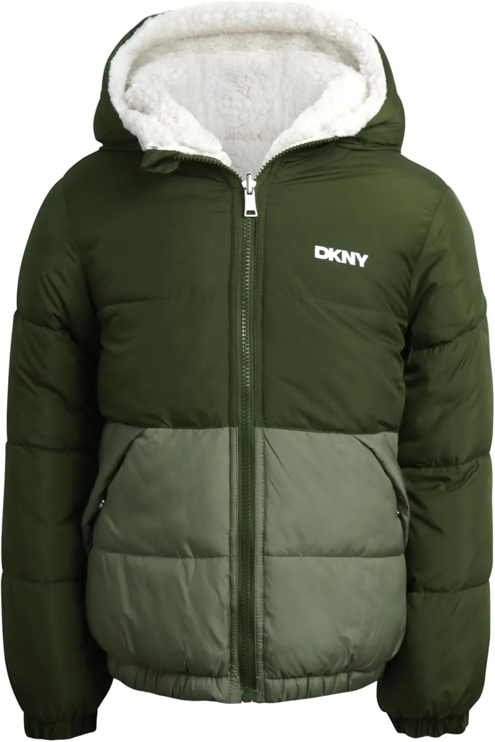 DKNY Girls' Reversible Puffer Jacket - Quilted Bubble to Sherpa Hooded Winter Coat - Warm Outerwear Jackets for Girls (7-16)