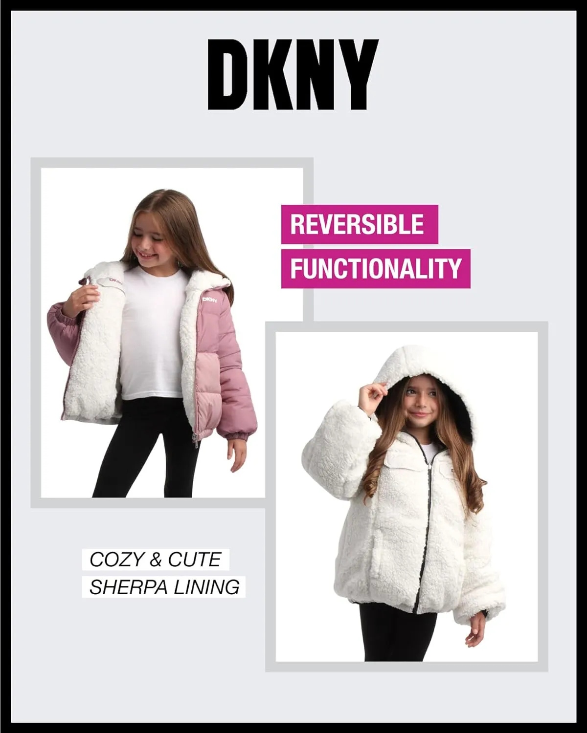 DKNY Girls' Reversible Puffer Jacket - Quilted Bubble to Sherpa Hooded Winter Coat - Warm Outerwear Jackets for Girls (7-16)