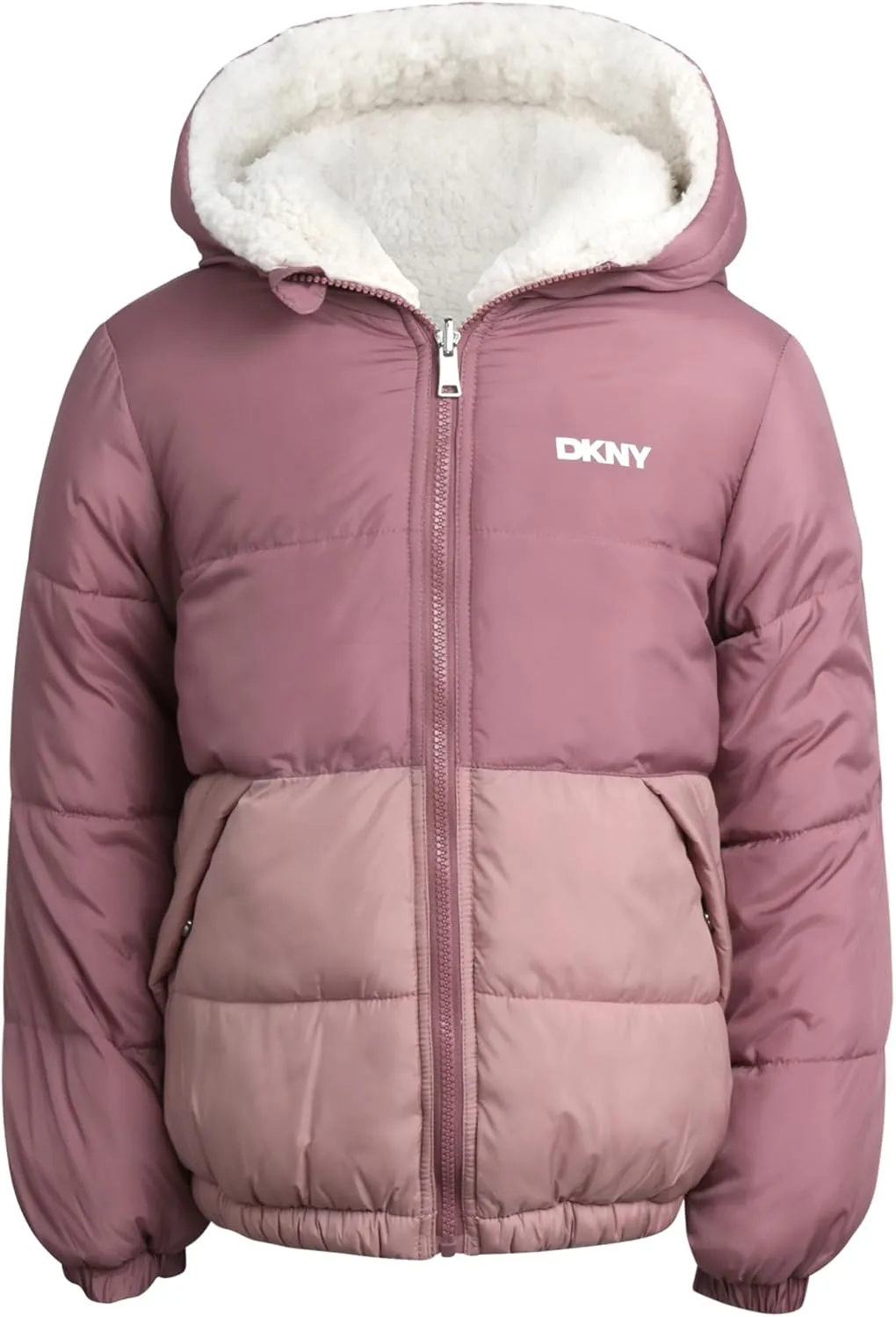 DKNY Girls' Reversible Puffer Jacket - Quilted Bubble to Sherpa Hooded Winter Coat - Warm Outerwear Jackets for Girls (7-16)