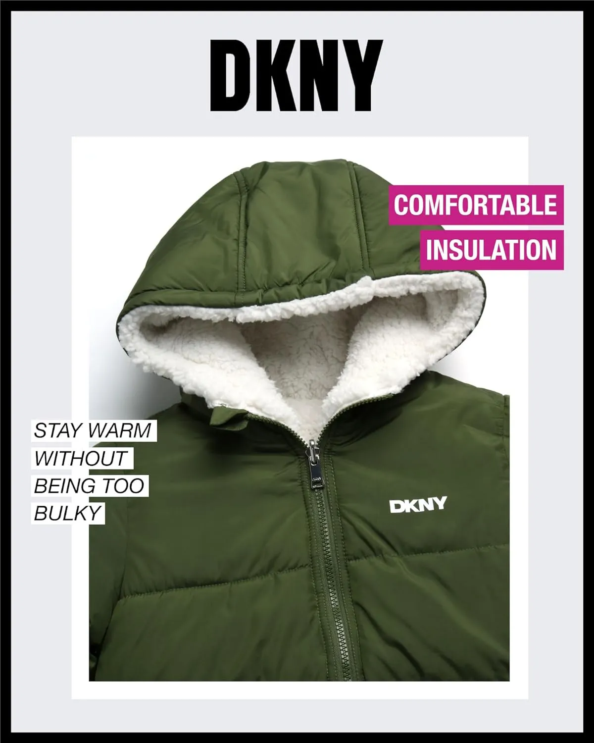 DKNY Girls' Reversible Puffer Jacket - Quilted Bubble to Sherpa Hooded Winter Coat - Warm Outerwear Jackets for Girls (7-16)