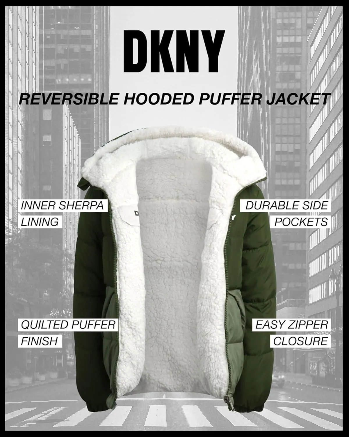 DKNY Girls' Reversible Puffer Jacket - Quilted Bubble to Sherpa Hooded Winter Coat - Warm Outerwear Jackets for Girls (7-16)