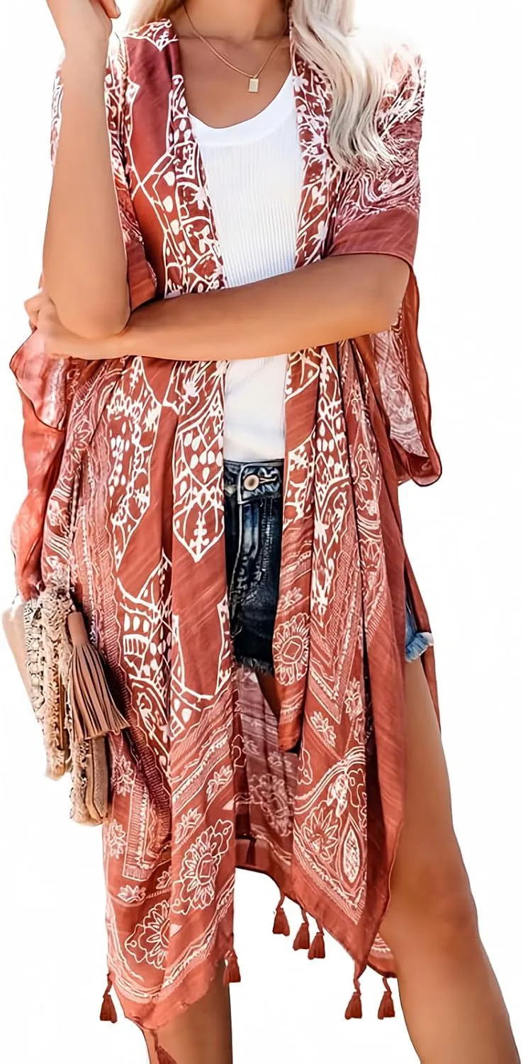 Dokotoo Womens 2025 Summer Beach Hawaiian Vacation Long Kimono Cardigans Swimsuits Cover ups