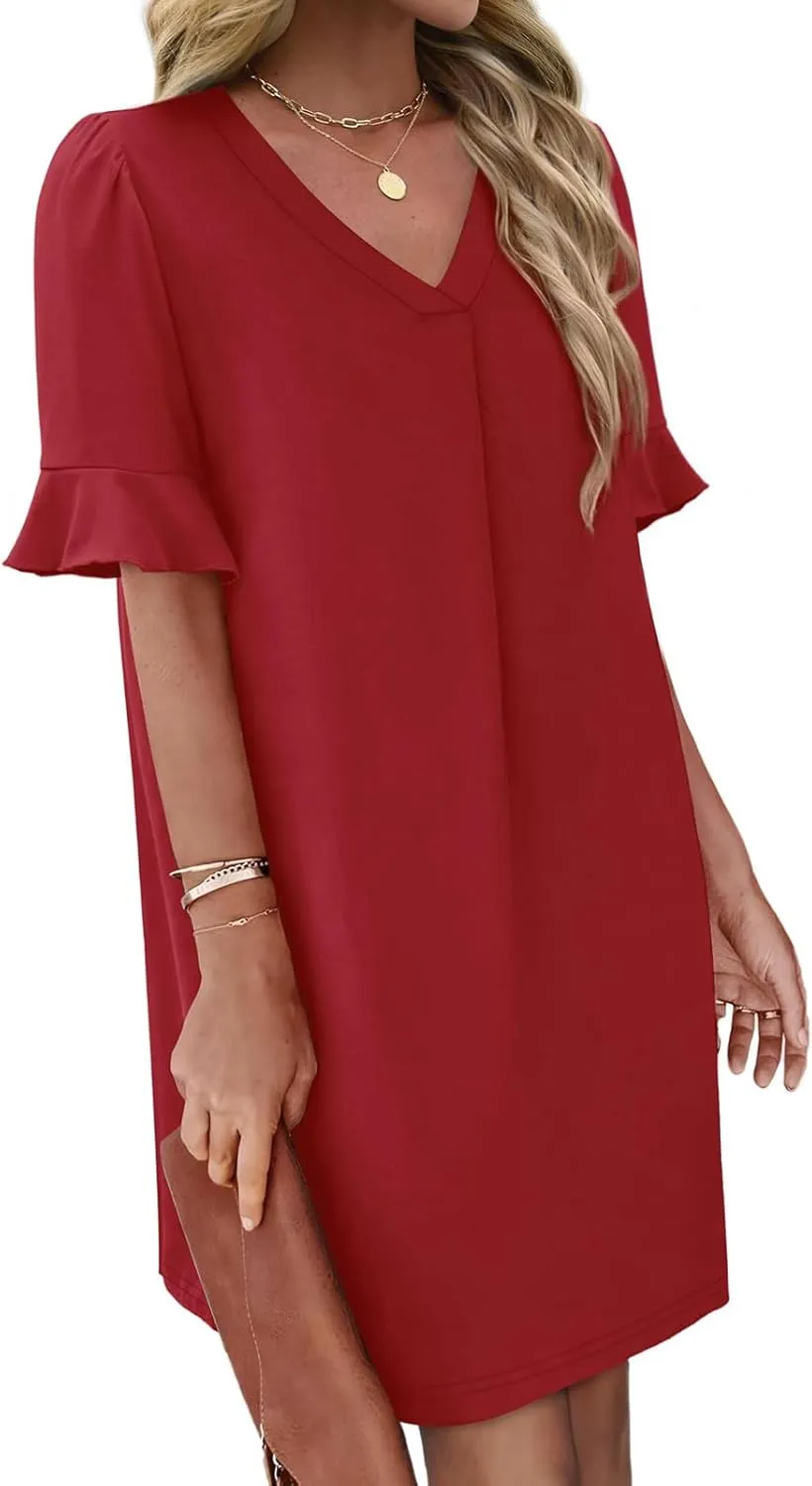 Dresses for Women Elegant Dressy Casual Summer Ruffle Short Sleeve Mini Dress V Neck Sexy A-Line Beach Travel Outfits