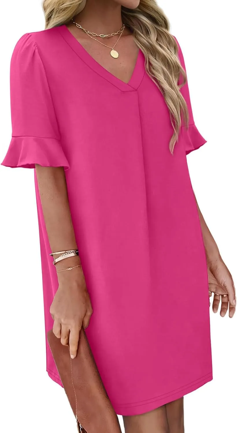 Dresses for Women Elegant Dressy Casual Summer Ruffle Short Sleeve Mini Dress V Neck Sexy A-Line Beach Travel Outfits