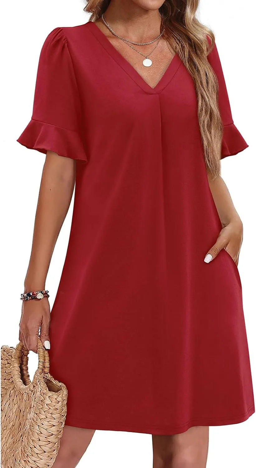 Dresses for Women Elegant Dressy Casual Summer Ruffle Short Sleeve Mini Dress V Neck Sexy A-Line Beach Travel Outfits