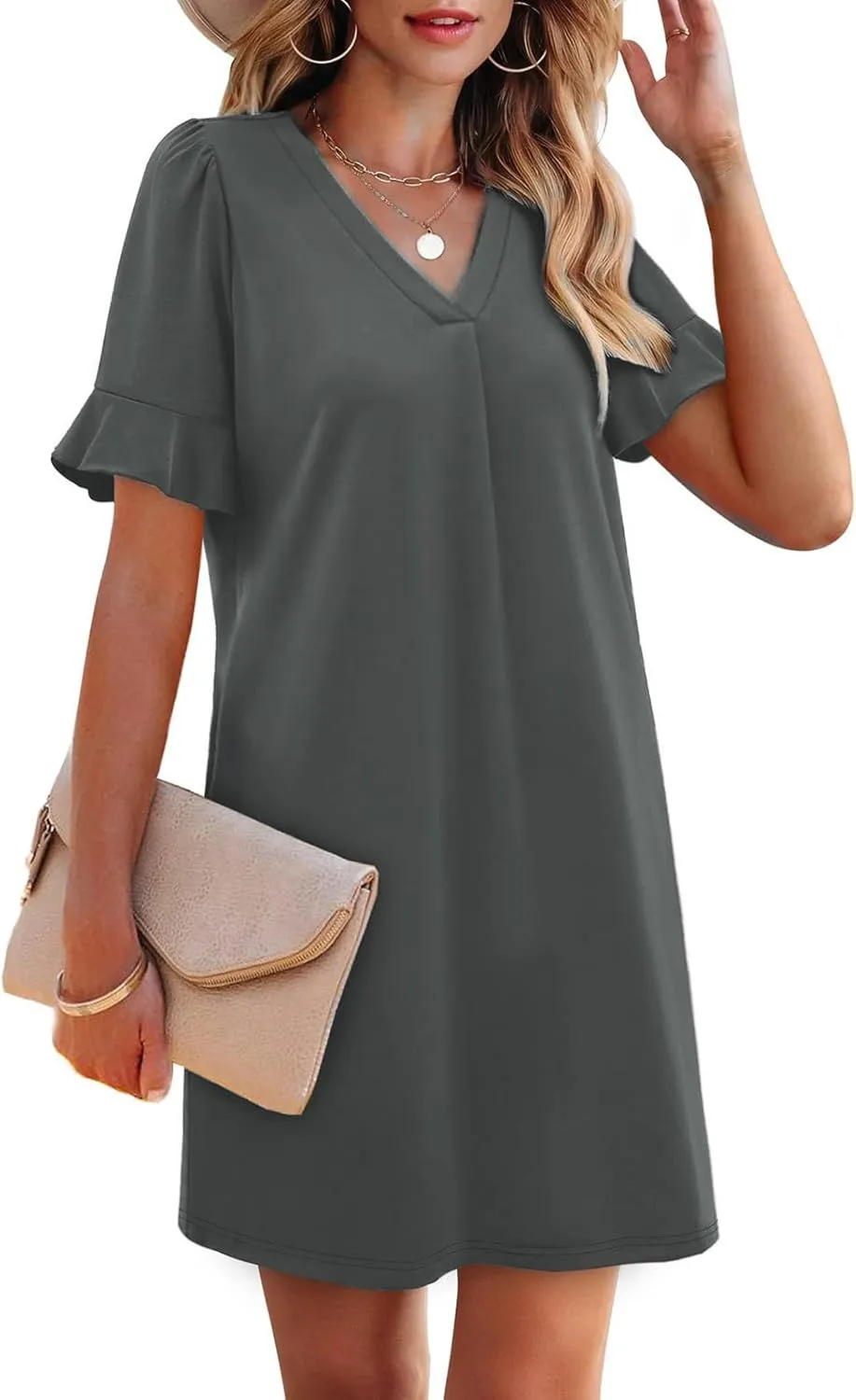 Dresses for Women Elegant Dressy Casual Summer Ruffle Short Sleeve Mini Dress V Neck Sexy A-Line Beach Travel Outfits