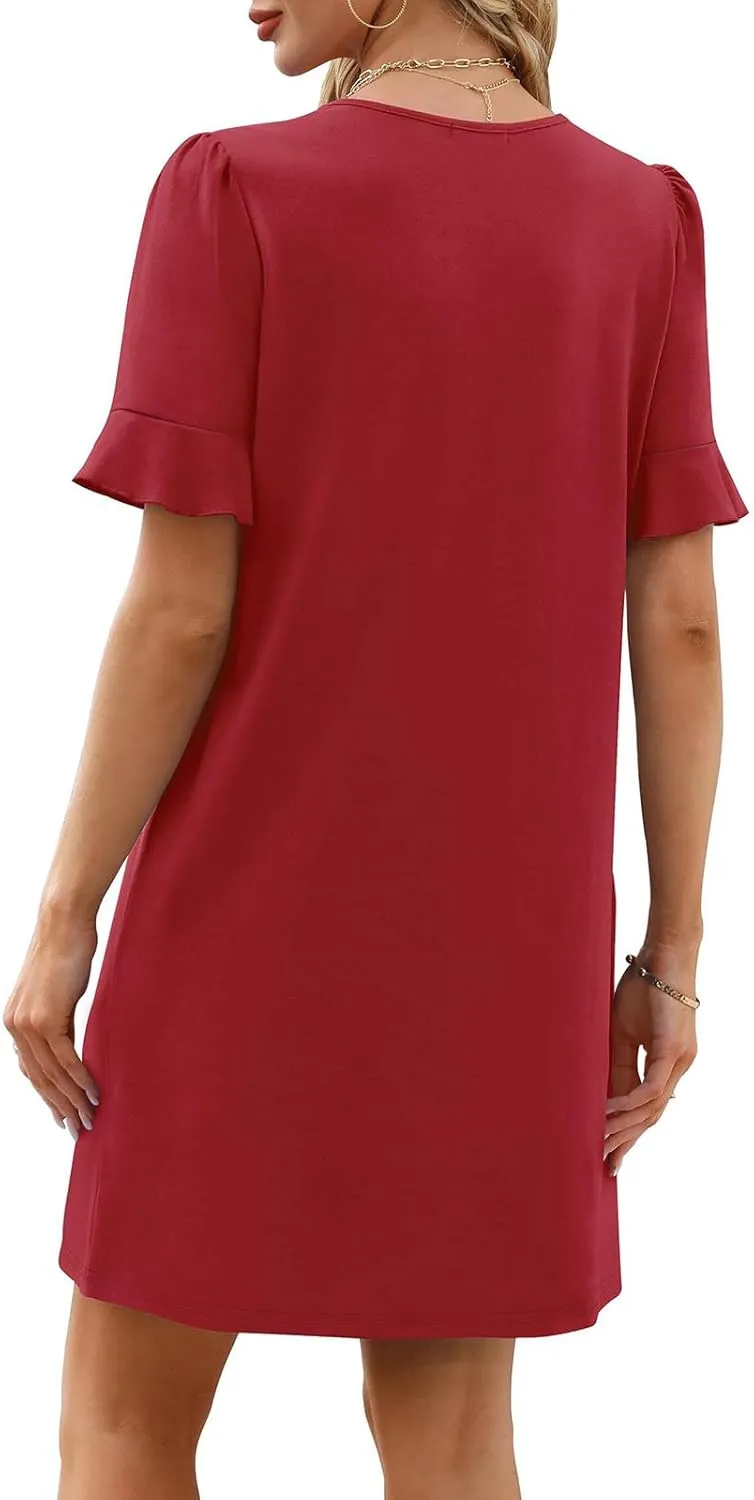 Dresses for Women Elegant Dressy Casual Summer Ruffle Short Sleeve Mini Dress V Neck Sexy A-Line Beach Travel Outfits