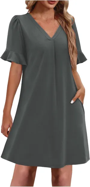 Dresses for Women Elegant Dressy Casual Summer Ruffle Short Sleeve Mini Dress V Neck Sexy A-Line Beach Travel Outfits