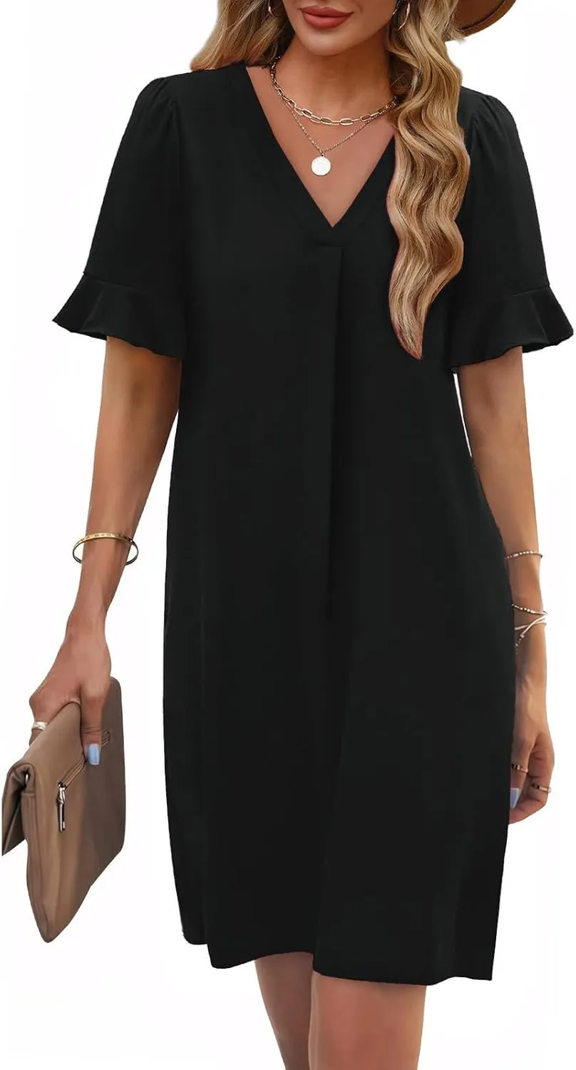 Dresses for Women Elegant Dressy Casual Summer Ruffle Short Sleeve Mini Dress V Neck Sexy A-Line Beach Travel Outfits