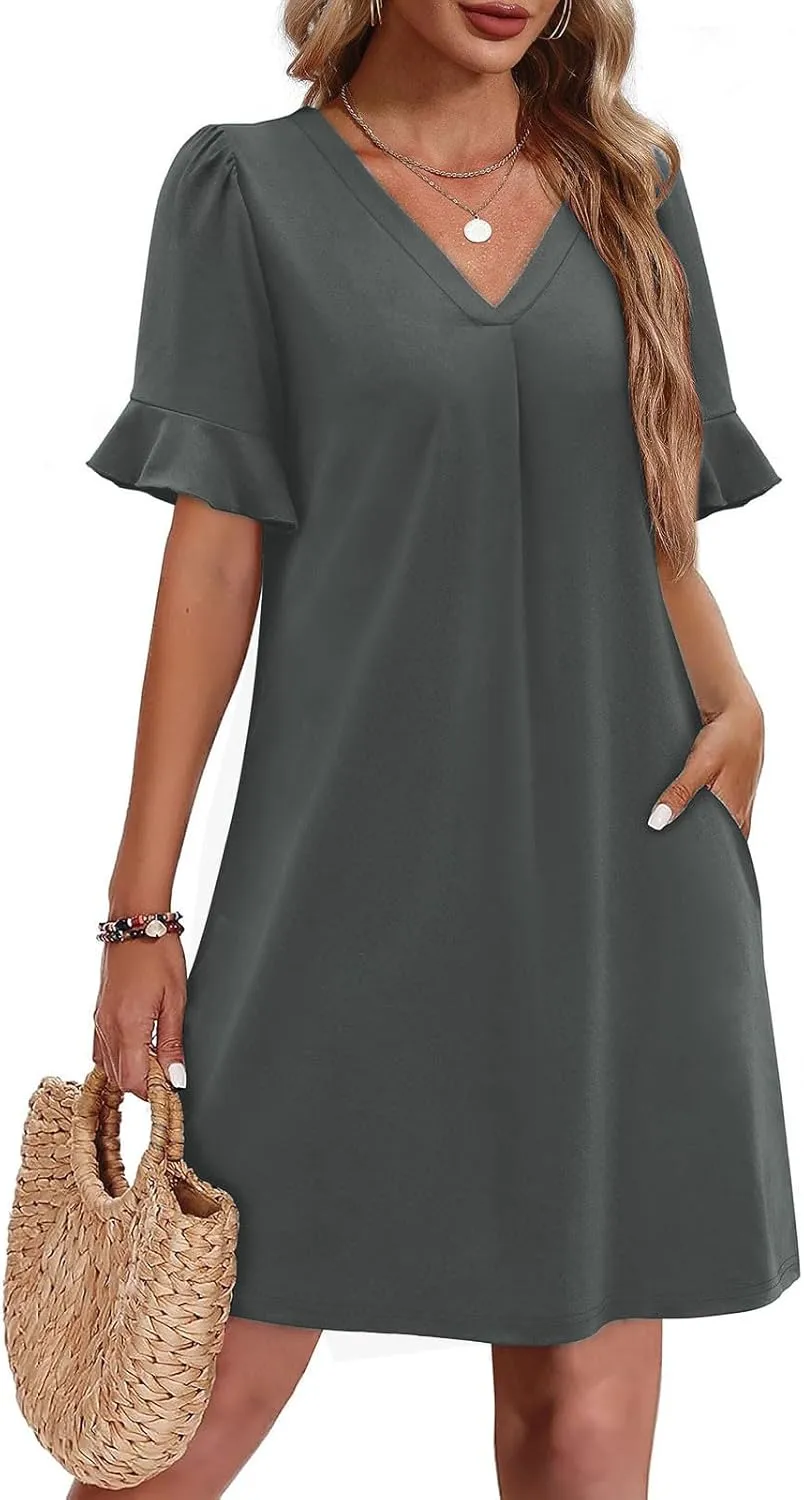 Dresses for Women Elegant Dressy Casual Summer Ruffle Short Sleeve Mini Dress V Neck Sexy A-Line Beach Travel Outfits