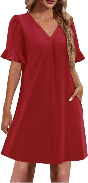 Dresses for Women Elegant Dressy Casual Summer Ruffle Short Sleeve Mini Dress V Neck Sexy A-Line Beach Travel Outfits