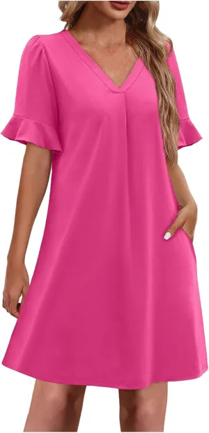 Dresses for Women Elegant Dressy Casual Summer Ruffle Short Sleeve Mini Dress V Neck Sexy A-Line Beach Travel Outfits