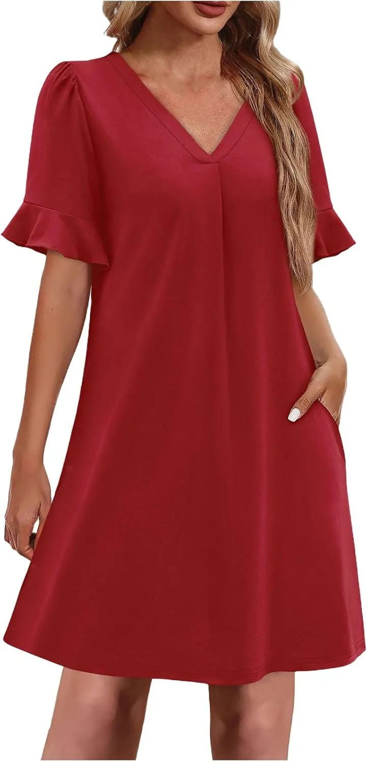 Dresses for Women Elegant Dressy Casual Summer Ruffle Short Sleeve Mini Dress V Neck Sexy A-Line Beach Travel Outfits