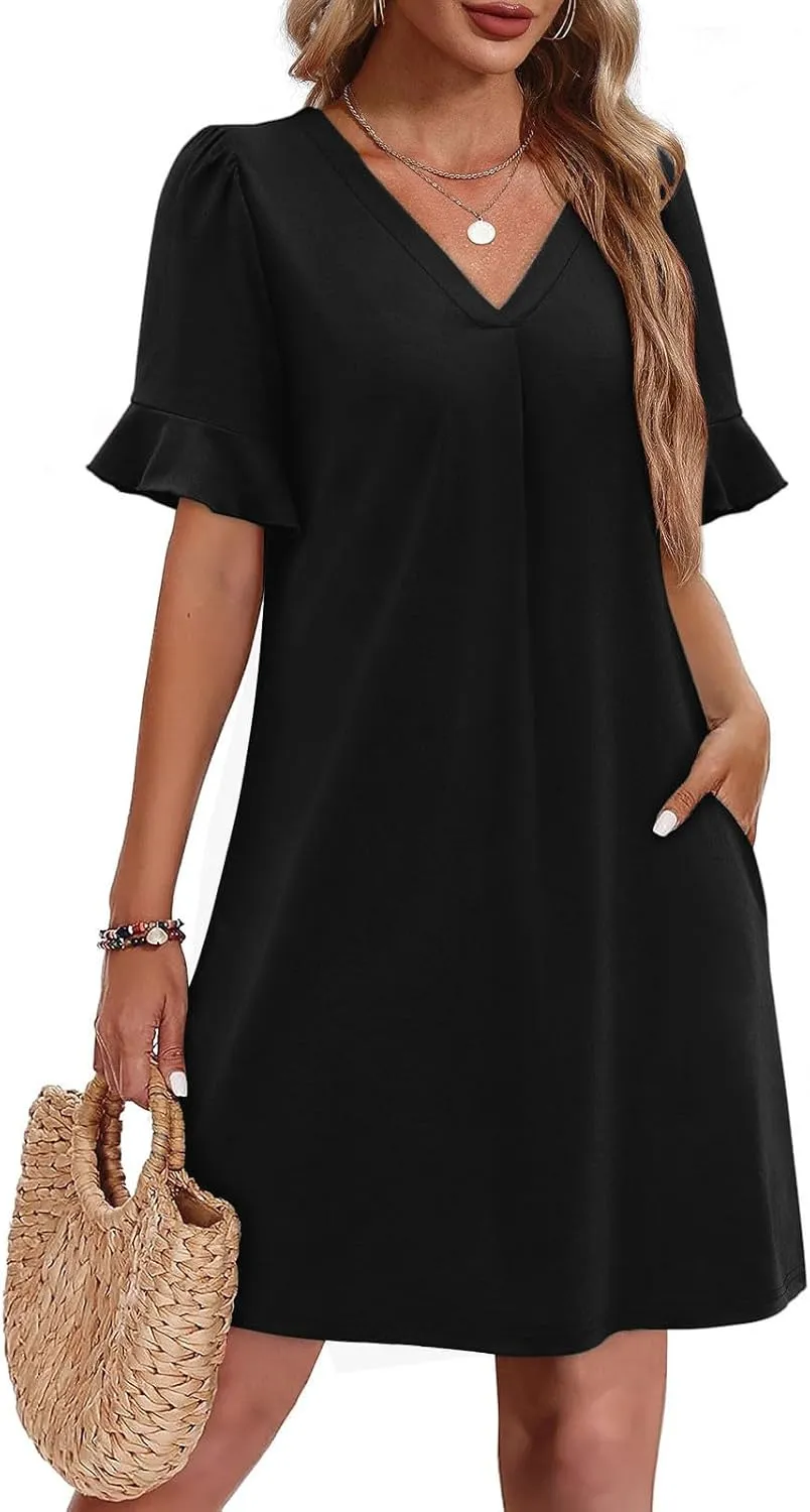 Dresses for Women Elegant Dressy Casual Summer Ruffle Short Sleeve Mini Dress V Neck Sexy A-Line Beach Travel Outfits