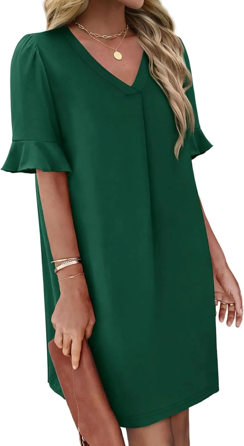 Dresses for Women Elegant Dressy Casual Summer Ruffle Short Sleeve Mini Dress V Neck Sexy A-Line Beach Travel Outfits