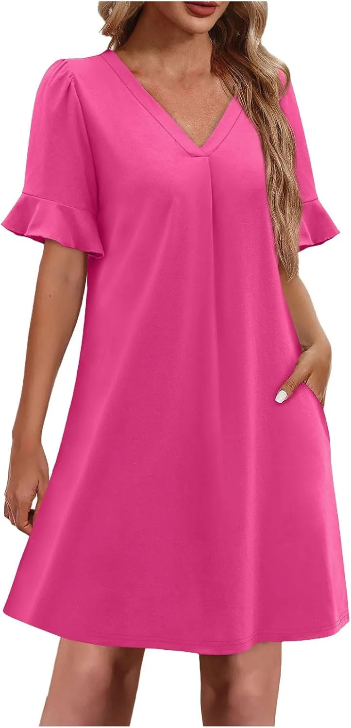 Dresses for Women Elegant Dressy Casual Summer Ruffle Short Sleeve Mini Dress V Neck Sexy A-Line Beach Travel Outfits