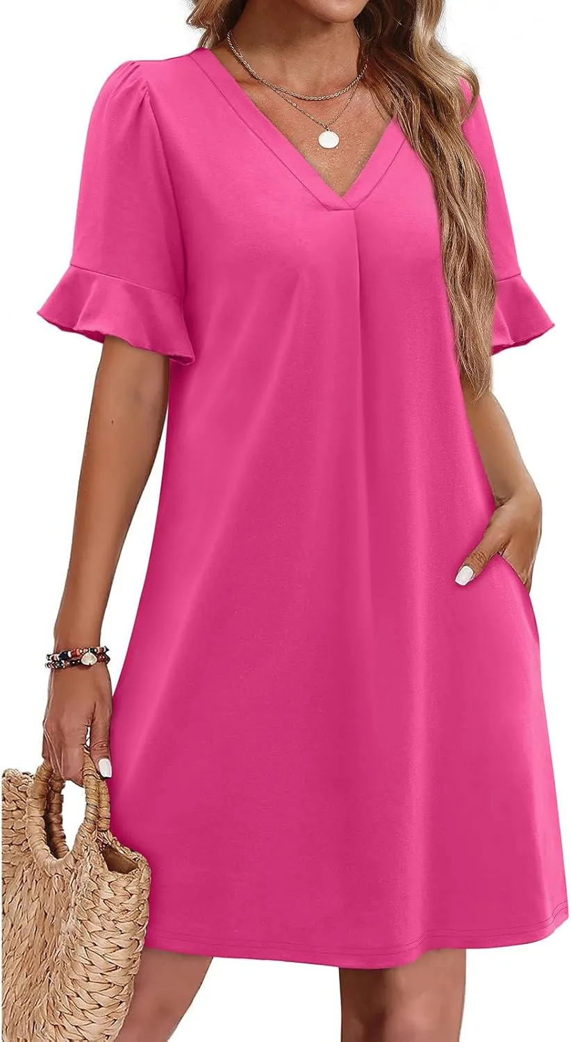 Dresses for Women Elegant Dressy Casual Summer Ruffle Short Sleeve Mini Dress V Neck Sexy A-Line Beach Travel Outfits