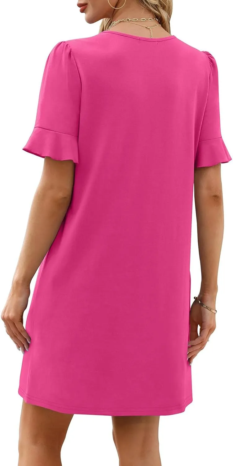 Dresses for Women Elegant Dressy Casual Summer Ruffle Short Sleeve Mini Dress V Neck Sexy A-Line Beach Travel Outfits