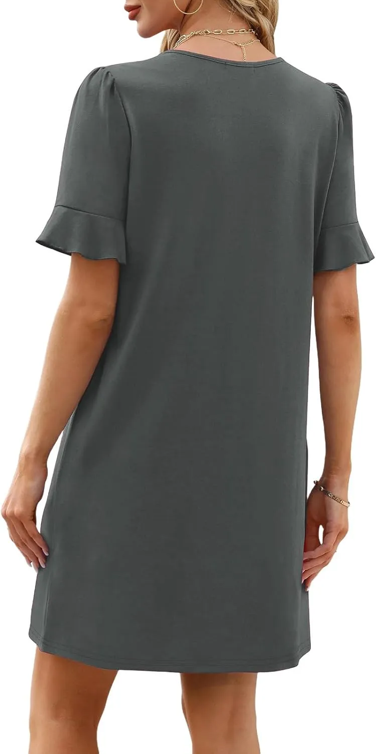 Dresses for Women Elegant Dressy Casual Summer Ruffle Short Sleeve Mini Dress V Neck Sexy A-Line Beach Travel Outfits