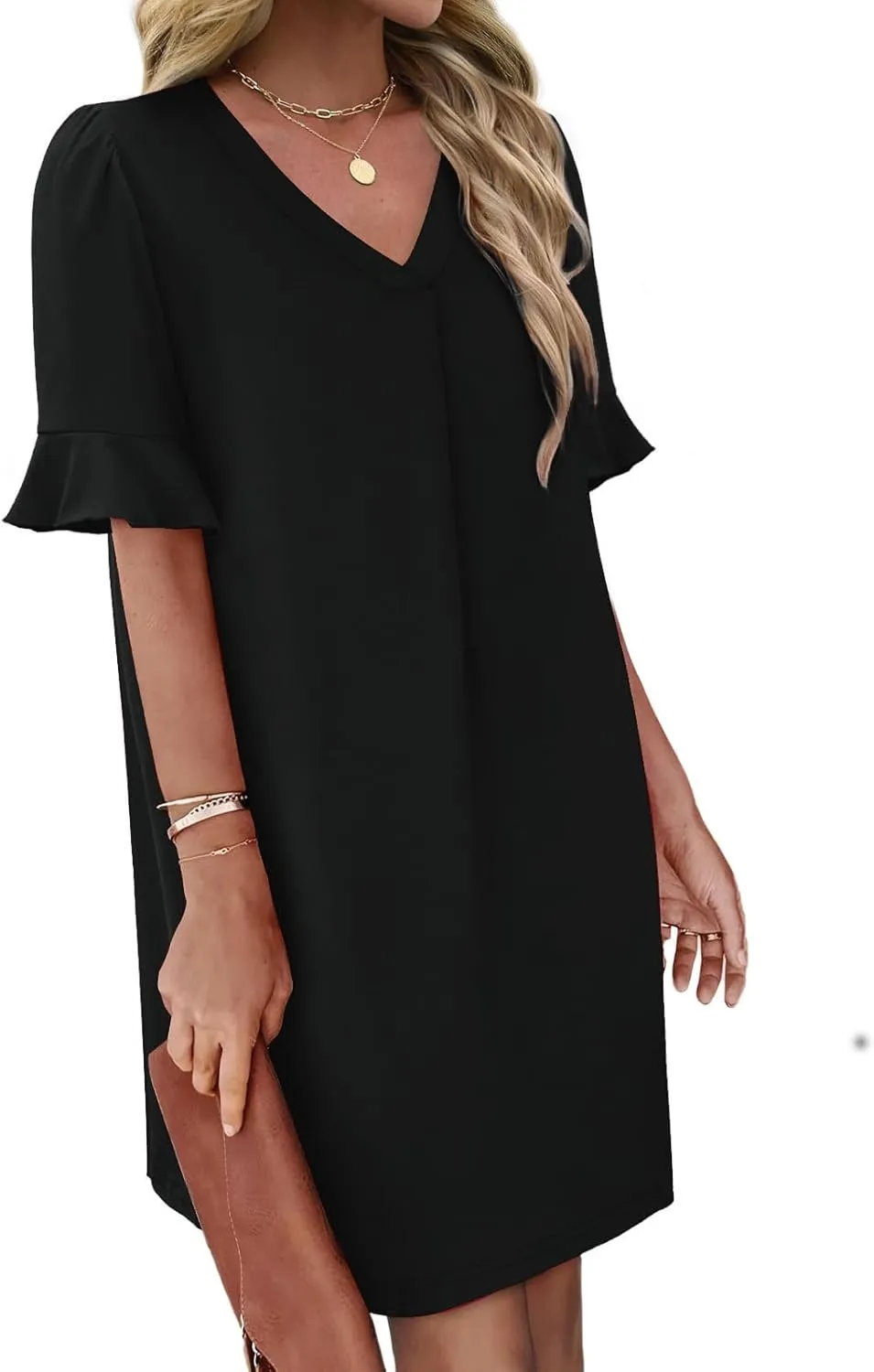 Dresses for Women Elegant Dressy Casual Summer Ruffle Short Sleeve Mini Dress V Neck Sexy A-Line Beach Travel Outfits