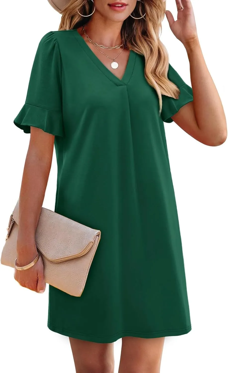 Dresses for Women Elegant Dressy Casual Summer Ruffle Short Sleeve Mini Dress V Neck Sexy A-Line Beach Travel Outfits