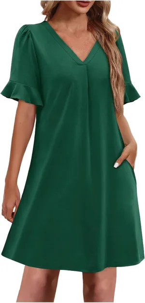 Dresses for Women Elegant Dressy Casual Summer Ruffle Short Sleeve Mini Dress V Neck Sexy A-Line Beach Travel Outfits