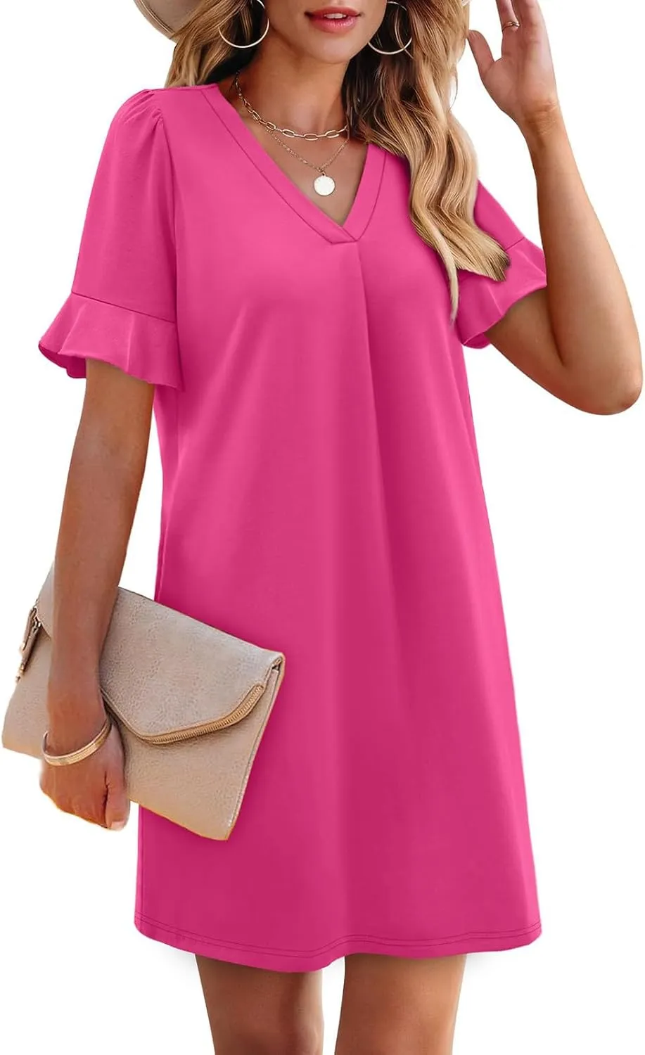 Dresses for Women Elegant Dressy Casual Summer Ruffle Short Sleeve Mini Dress V Neck Sexy A-Line Beach Travel Outfits
